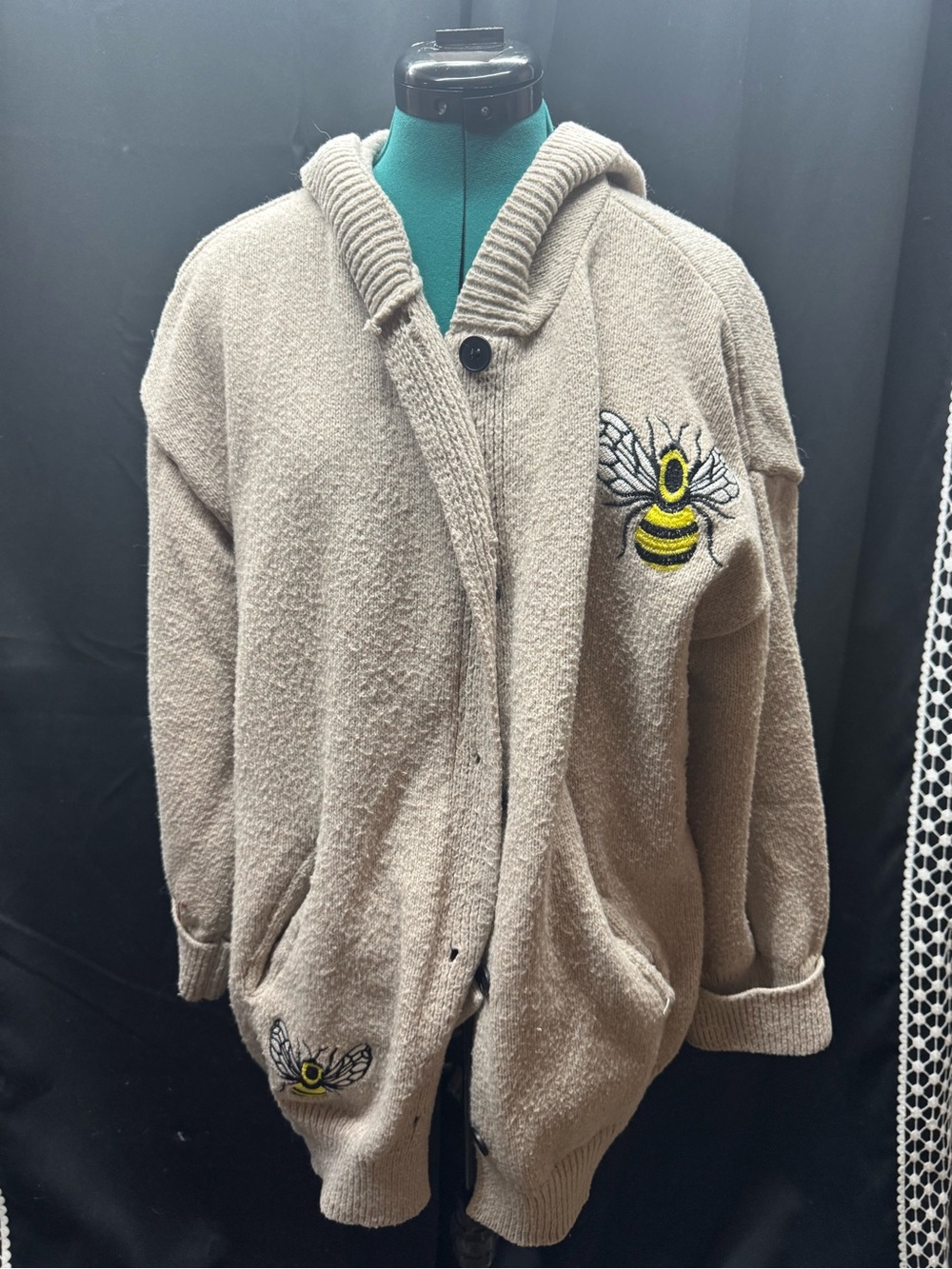 Source Unknown Beige Hooded Cardigan with Bee Embroidery